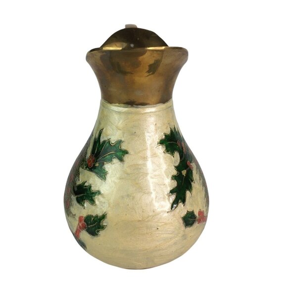 Vintage Christmas Drink Pitcher Tree Holly Cloisonne Holiday Decor Made in India - Picture 2 of 10